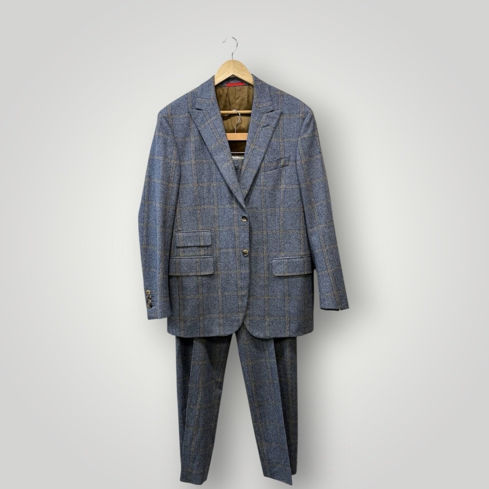 Isaia Napoli Blue Windowpane Super 130s Wool Suit Made in Italy 52 8R US 42R